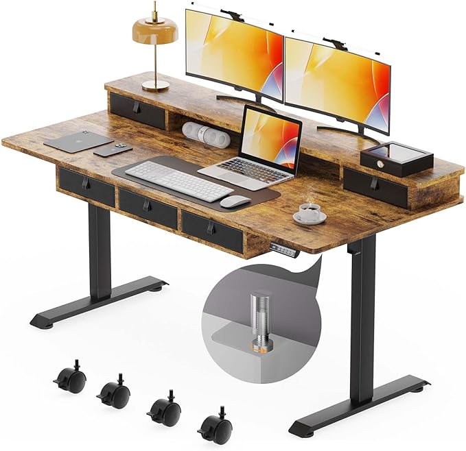 Ywin Electric Standing Desk with 5 Drawers 63x30 Inch Extra Wide Height Adjustable Sit Stand Up Desk with Storage Support 290lbs Ergonomic Rising Table with Wheels for Home Office