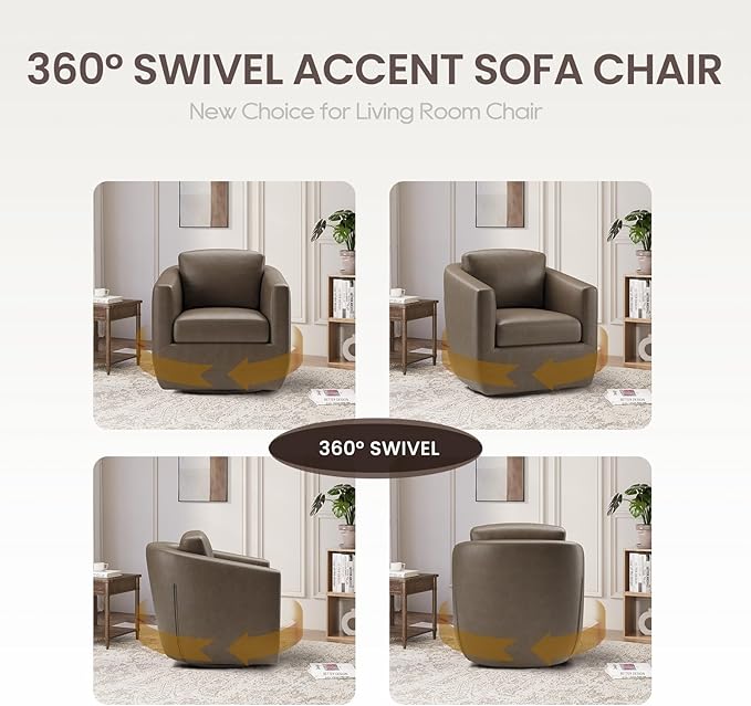 COLAMY 360° Swivel Accent Chair with Pillow Leather Living Room Armchair No-Sag Foam &amp Sturdy Metal Base Fully Assembled Swivel Accent Single Sofa for Bedroom Living Room Reading Room Wolf Gre