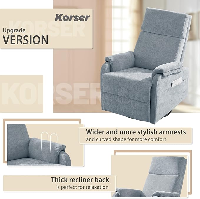 Swivel Rocking Recliner with Massage Small Glider Chair for Nursery Modern-Designed Armrests Chair for Adults Living Room Chenille Blue