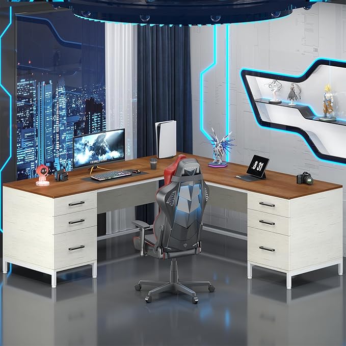 TVU 59’‘ L Shaped Desk with 6 Wood Drawers Large Home Office Corner Computer Desk with Storage File Cabinet Modern Metal Wood Desk for Executive Writing Study Workstation
