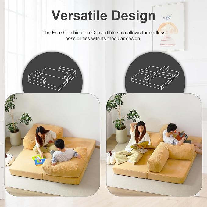 Free Combination Convertible Folding Sofa Bed Armless Foam Floor Sofa Sleeper Floor Couch for Living Room and Bedroom Sleeper Chair with Pillow Twin Size (Beige)