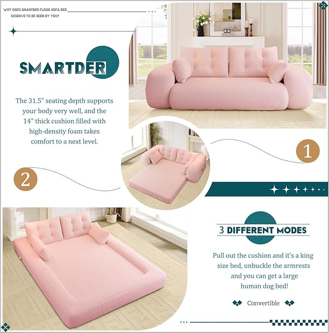 Convertible Sofa Bed with Folding Mattress Oversized Human Dog Bed 3-in-1 Sleeper Couch with Pillows and Thick Armrests 78.7 King Size Floor Sofa for Living Room Bedroom Guest Room Pink Teddy