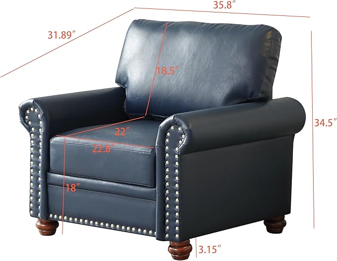 35 Faux Leather Pu Armchair Classic Vegan Leather Accent Chair Elegance Single Seat with Rolled Armrests Nailhead Trim Wood Legs Traditional Living Room 1 Seat-Navy Blue