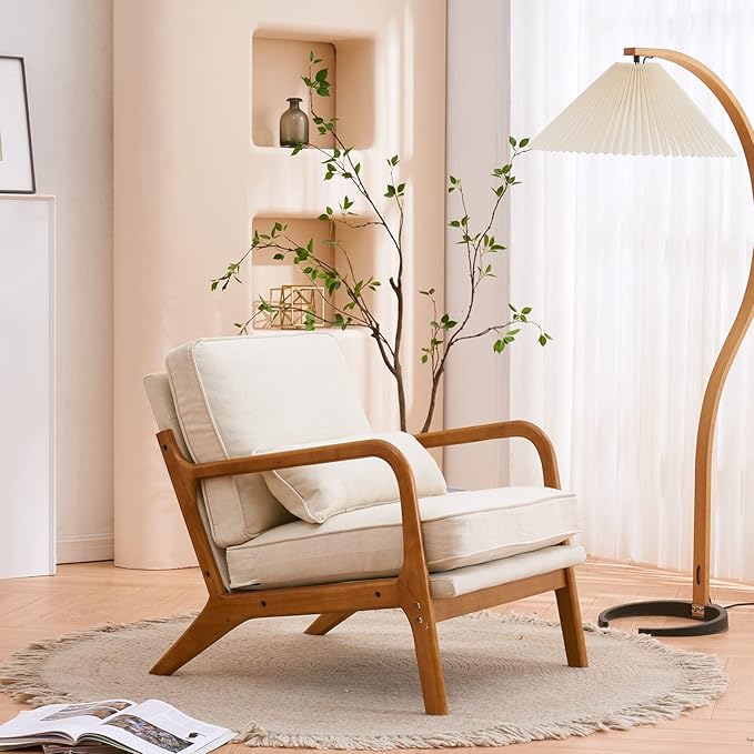 Living Room Chairs Living Room Furniture Leisure Chair Armrest Oak Upholstered Single Modern Accent Sofa Off-White Comfy Chair for Living Room Bedroom Studio Restaurants Cafes etc