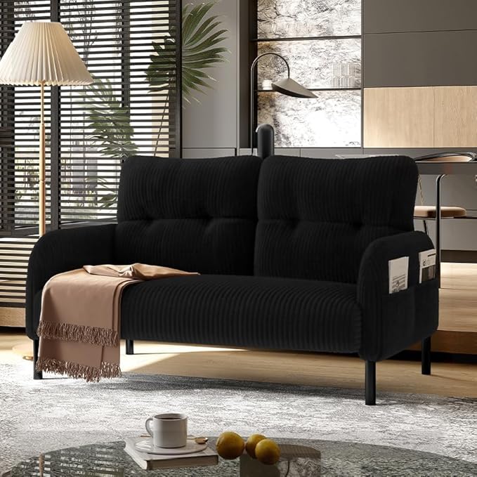 Corduroy Loveseat for Living Room &amp Bedroom - Modern 2-Seater Sofa with Storage PocketsSolid Wood Frame High-Density FoamComfortable Compact Couch for Small Spaces500 lb Capacity (Black)