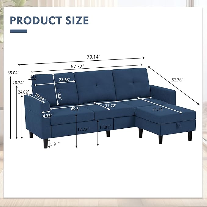 79 Convertible Sectional Sofa Small L Shaped 3 Seat Couch with Storage Chaise and Side Pocket Modern Linen Fabric Reversible Sofa Couches for Living Room Apartment and Small Space