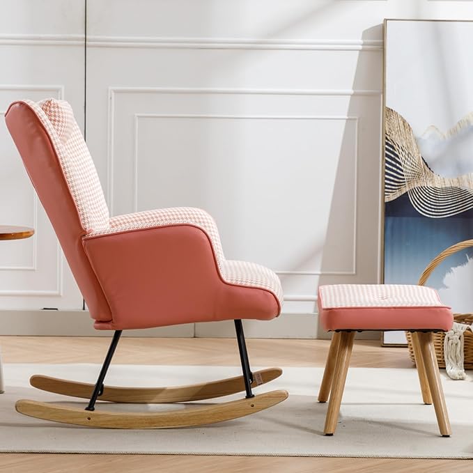 35.5 inch Rocking Chair Soft Houndstooth Fabric Leather Fabric Rocking Chair for Nursery Comfy Wingback Glider Rocker with Safe Solid Wood Base for Living Room Bedroom Balcony (Pink)