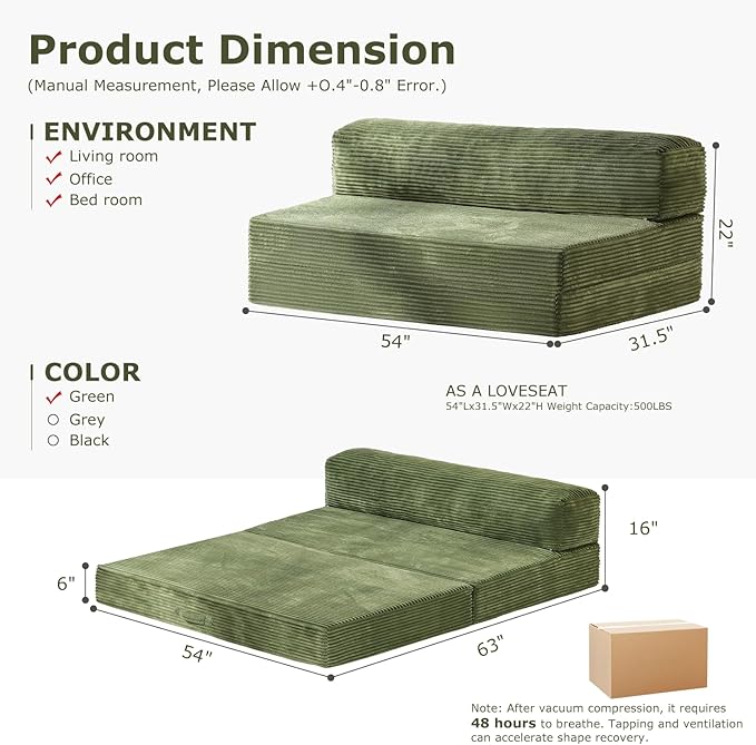Folding Futon Sofa Bed Full Size 6 inch Convertible Floor Couch Bed with Removable Corduroy Cover Pull Out Couch for Small Spaces High-Density FoamGreen