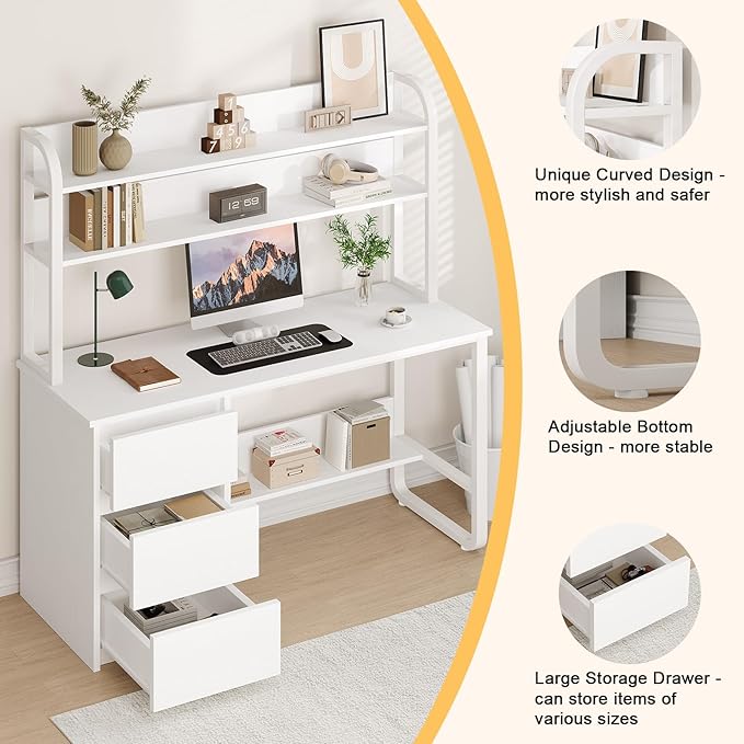 White Desk with Hutch 55 Inch Computer Desk with 3 Drawers for Bedroom Study Writing Desk with Shelves for Small Spaces Adjustable Feet