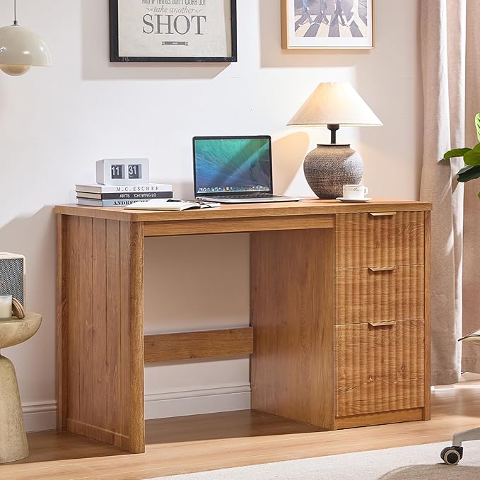 48 Modern Fluted Home Office Desk with Storage Cabinet Brown Wood Executive Desk with File Drawer &amp Golden Handles Large Computer Writing Table for OfficeStudy Living Room Bedroom