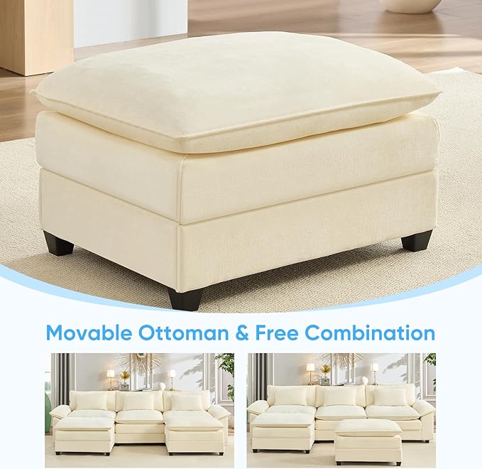 Mjkone 118” U Shape Sectional Couch with Movable Ottoman Oversized Modular Comfy Cloud Sofa with Double Layer Cushion 5 Seater Deeper Seat Couches for Living Room/Home Office/Apartment-Beige