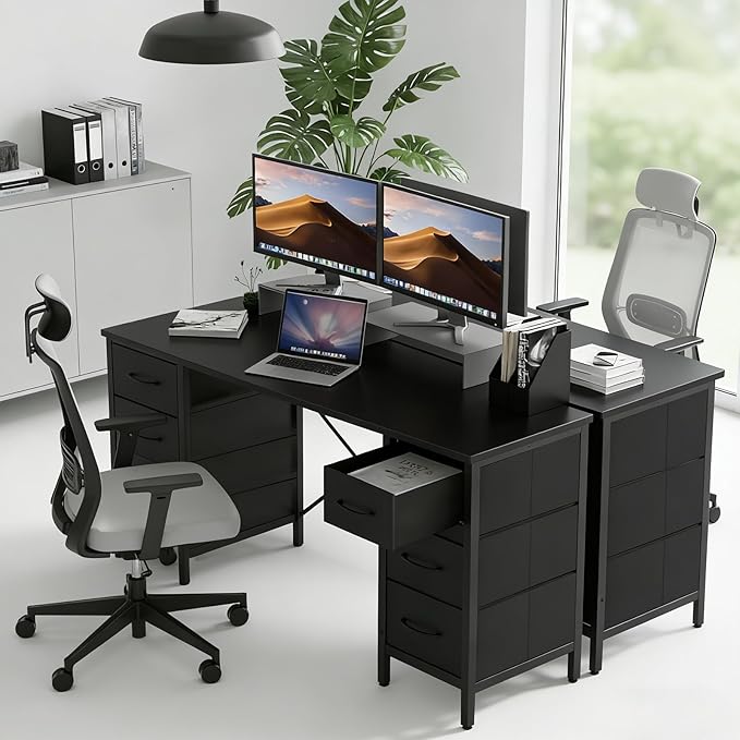 DUMOS 47 Inch Computer Desk with 8 Fabric Drawers Office Gaming Desk with Storage Writing Study Table with X-Shaped Reinforced Structure Black