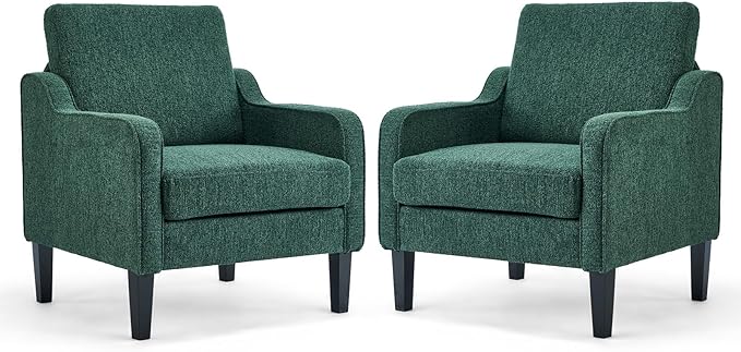 VINGLI Upholstered Chenille Accent Chair for Living Room Bedroom Mid-Century Modern Arm Chair Comfy Reading Chair with Scooped Arms (2 Dark Green)