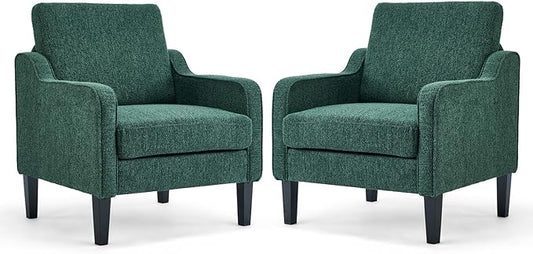 VINGLI Upholstered Chenille Accent Chair for Living Room Bedroom Mid-Century Modern Arm Chair Comfy Reading Chair with Scooped Arms (2 Dark Green)
