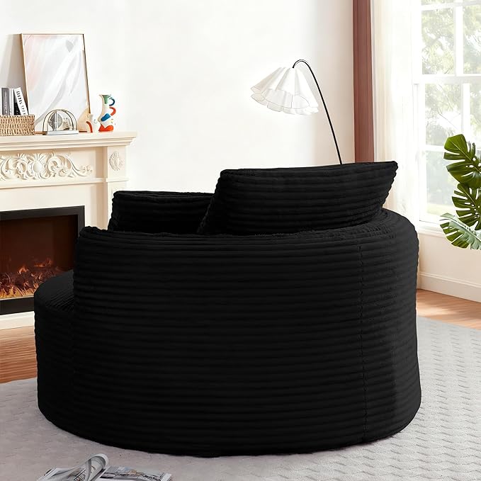 53W Oversized Round Chair Lounge Chaise Indoor Corduroy Comfy Circle Reading Armchair Upholstered Modern Cloud Boneless Chairs Cozy Floor Sofa Chair for Living Room Bedroom Apartment(Black)