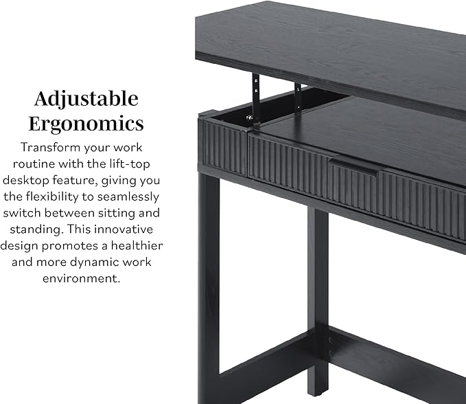 Walker Edison Transitional Style Furniture Reeded Detail Lift-Top Desk with Drawer and Storage Cubby Sitting to Standing Desk Soft Self-Close Desktop 38 Inch Black