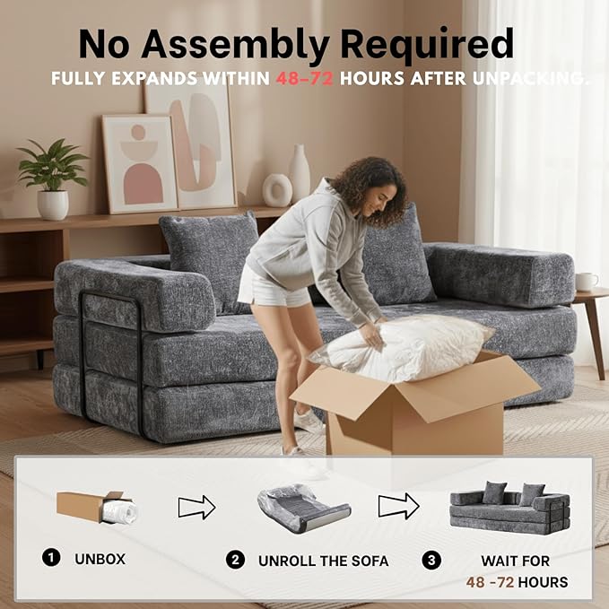 4-in-1 Folding Convertible Sofa Bed 77 Floor Couch with Pillow - Chenille Fabric &amp High-Density Sponge &amp Fixed-Shape Frame Modular Sofa for Living Room/Lounge/Studio Dark Grey