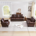 LEVNARY Compact PU Leather Sofa Set 3 Piece Small Space Couch Set with 3-Seater Loveseat &amp Armchair Comfortable Nailhead Trim Living Room Furniture for Apartment Office Guest Room (Brown)