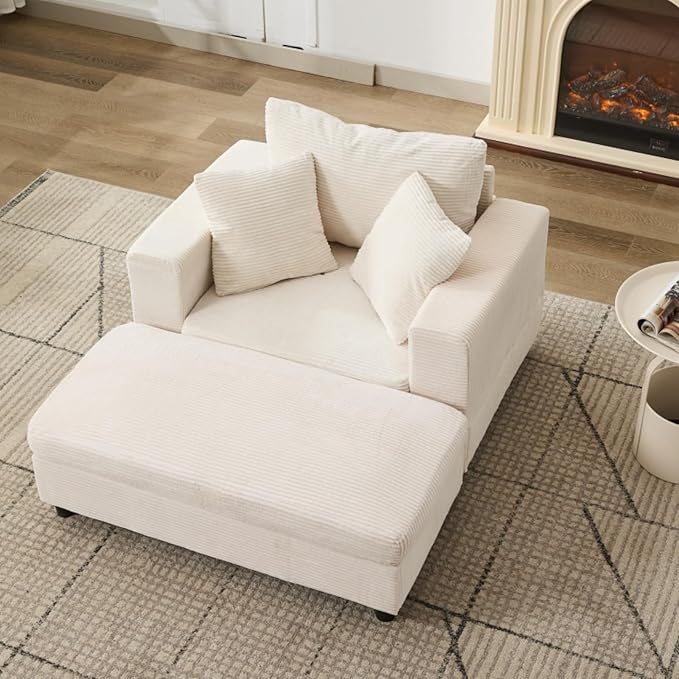 Chaise Lounge Chair with Removable Ottoman Modern Corduroy Accent Sleeper Sofa Bed with Pillows Deep Seat Upholstered Armchair for Living Room Bedroom (Beige)