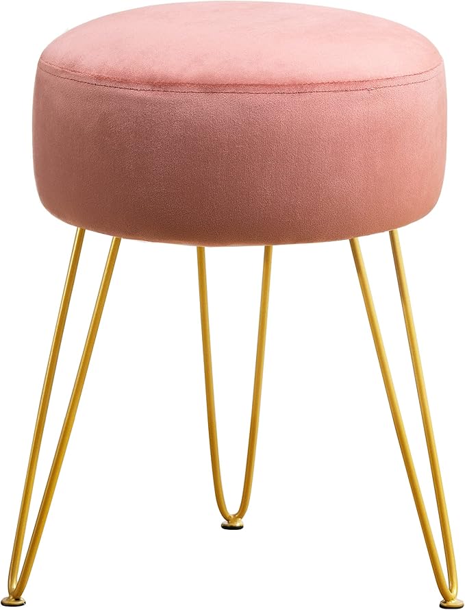 LUE BONA Vanity Stool Pink Vanity Stools for Makeup Room Round Ottoman Foot Stool Velvet Footrest Vanity Chair for Bathroom Vanity Bedroom Living Room Entryway Offices 300lbs
