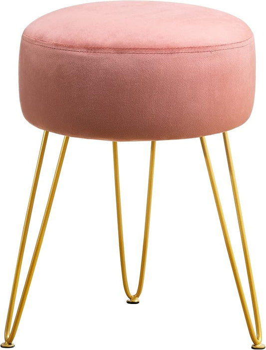 LUE BONA Vanity Stool Pink Vanity Stools for Makeup Room Round Ottoman Foot Stool Velvet Footrest Vanity Chair for Bathroom Vanity Bedroom Living Room Entryway Offices 300lbs