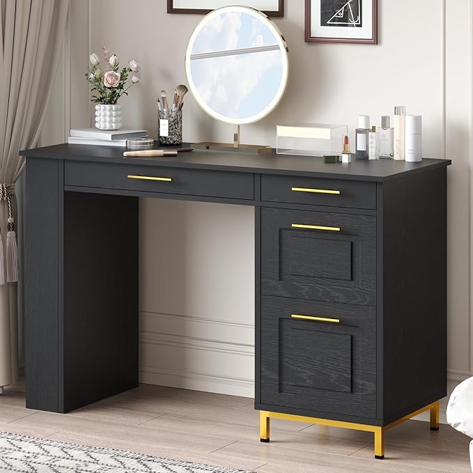 4 EVER WINNER Black Desk with Drawers and Power Outlet 48 Inch Computer Desk with Storage Shelves Writing Desk Study Table with Golden Handle for Small Space Black