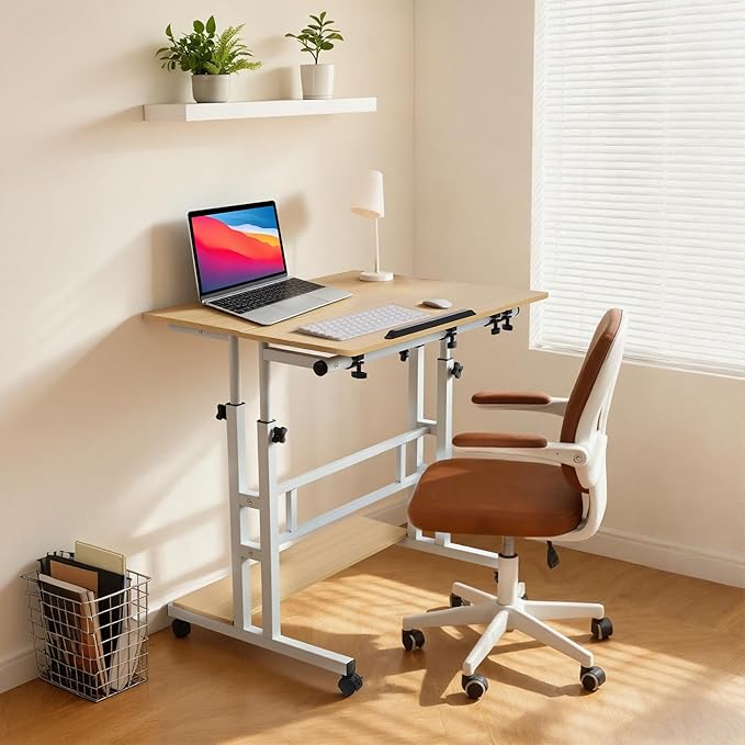 FAHKNS Small Standing Desk Portable Stand Up Desk with Wheels Adjustable Height Computer Desk for Home Reading Desk and Office Work