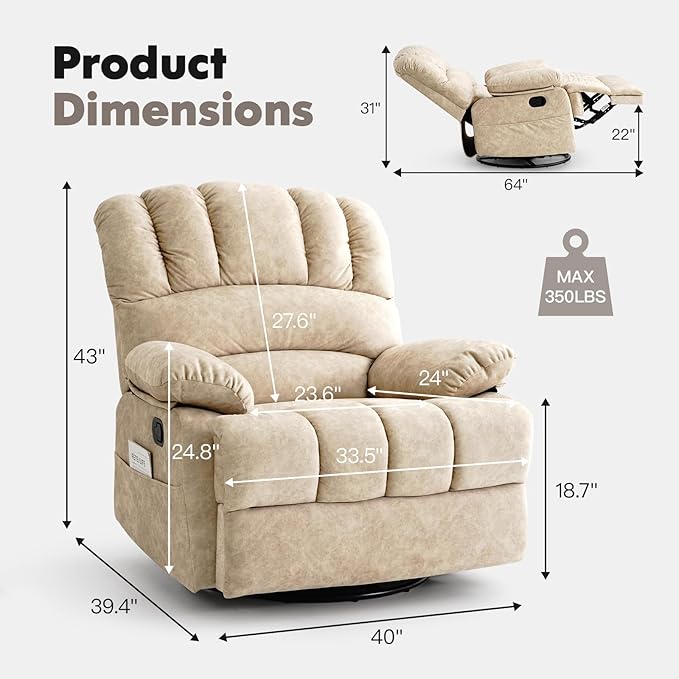 COOSLEEP Oversized Manual Swivel Rocker Recliner Chair Extra Wide Glider Rocker Recliner for Big and Tall Overstuffed Lazy Recliner Chair with High Back Single Sofa Chair for Living Room(Beige)
