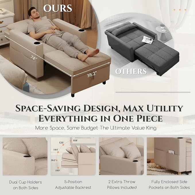 YODOLLA Sleeper Chair 38 Extra Wide Convertible Chair Bed Upgraded 3-in-1 Pull Out Single Sofa with Adjustable Backrest Cup Holder Pocket for Adults for Living Room Apartment Small Space Beige