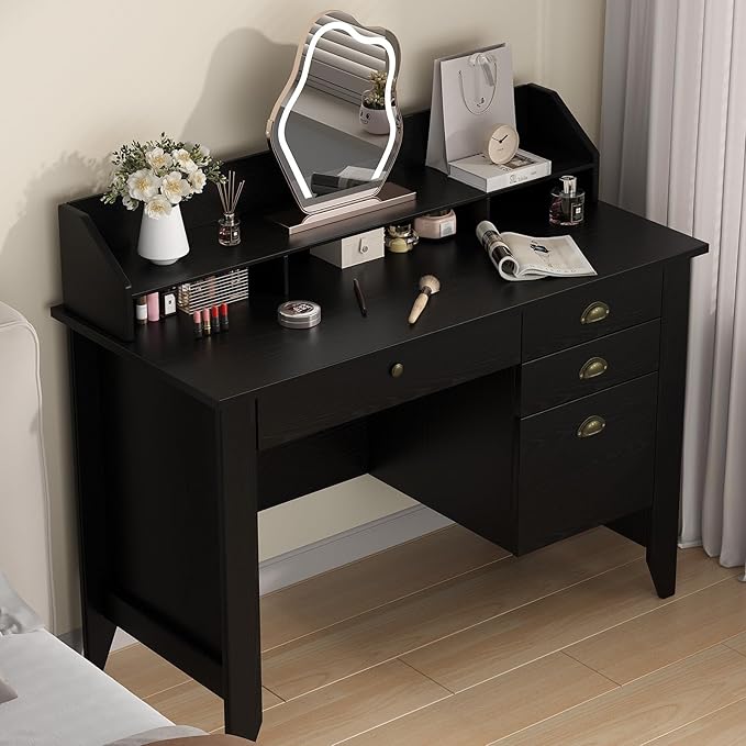 4 EVER WINNER Black Desk with Drawers Small Desk with File Drawer and Monitor Stand Computer Desk with Storage Writing Desk for Bedroom Home Office Black