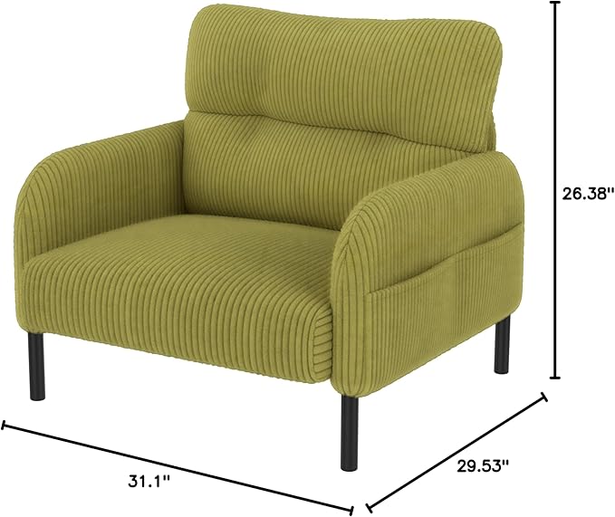 Olive Green Accent Chair - Corduroy Living Room Chairs with Side Storage Pockets and Durable Legs Comfy Arm Reading Chair with Soft Backrest for Bedroom Balcony Study Room