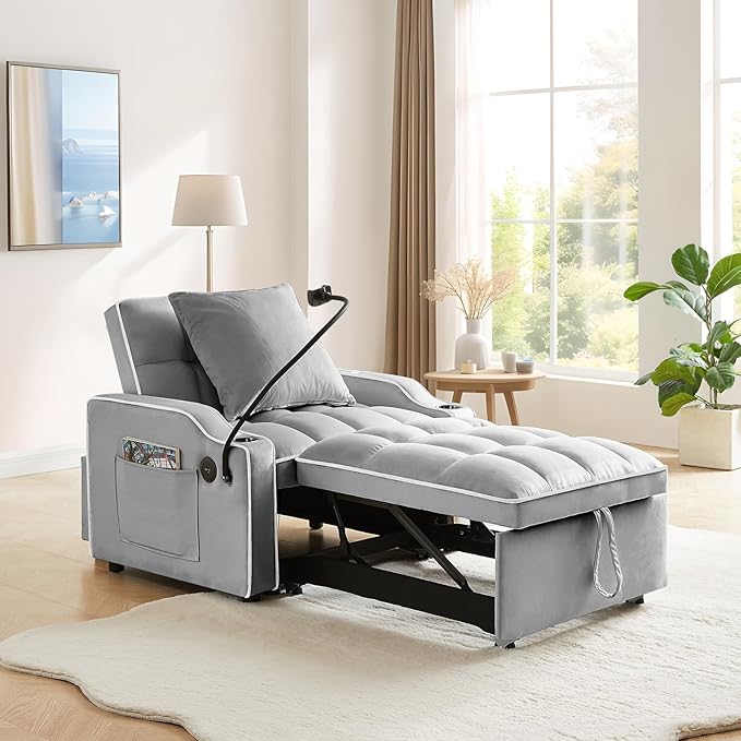 Convertible Sleeper Sofa Chair Bed 3 in 1 Velvet Single Small Futon Sofa Bed with Phone Holder &amp USB PortsPull Out Couch Recliner with Adjustable Backrest for Living Room Office Small Place(Gr