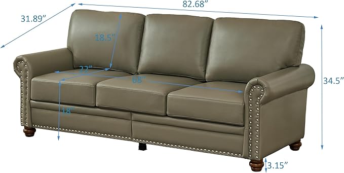 Faux Leather Sofa Set of 2: Love Seat +3 Seat Couch Underseat Storage Classic Sofa Elegance Rolled Armrests Nailhead Trim Wood Legs Classic Living Room Accent 2+3 Seat-Grey