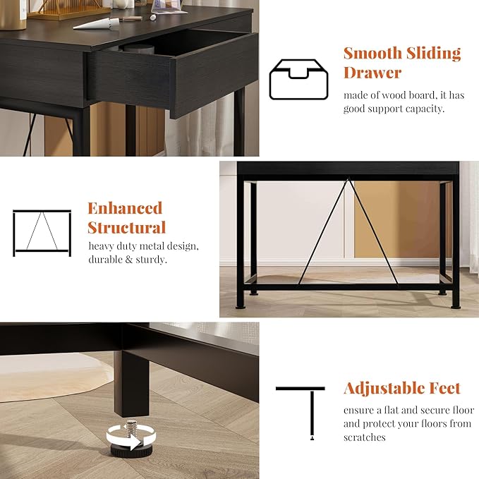 VERMESS Small Desk with Wood Drawers 40 Inch Computer Desk for Bedroom Vanity Makeup Desks Kids Desks for Small Space with Storage for Home Office Study Writing Simple Computer Table Black