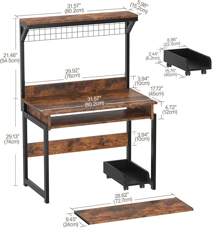 Gaming Computer Desk with Storage Shelves &amp Keyboard Tray 31.5 inch Desk for Small Spaces Home Office Desk with Host Rack for Living Room Study Room (Brown)
