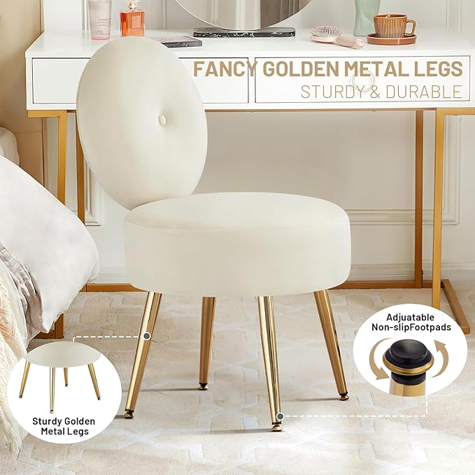Furniliving Armless Vanity Chair for Makeup Room Velvet Vanity Stool with Back Living Room Chair with Solid Metal Legs for Bedroom Study Room Vanity(Khaki)