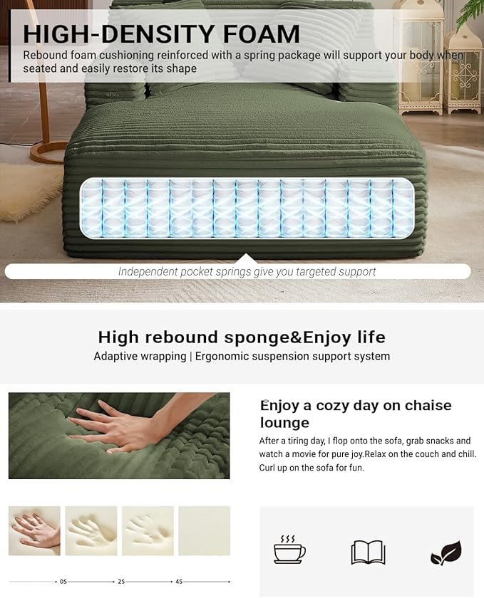 67 Inch Chaise Lounge Chair Indoor Oversized Corduroy Upholstered Boneless Sofa Bed Deep Seat Sleeper Couch Reading Chairs Cloud Sofas Couches for Living Room No Assembly Required (Olive Green)