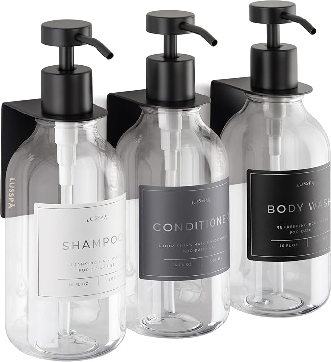 Shower Shampoo Dispenser Wall Mounted – 3 Refillable 16.9 oz Clear Bottles with Stainless Steel Pumps &amp No-Drill Adhesive Holders – Soap Dispenser Set for Bathroom (3 X Clear/Black)