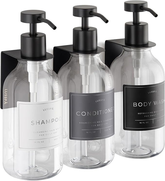 Shower Shampoo Dispenser Wall Mounted – 3 Refillable 16.9 oz Clear Bottles with Stainless Steel Pumps &amp No-Drill Adhesive Holders – Soap Dispenser Set for Bathroom (3 X Clear/Black)