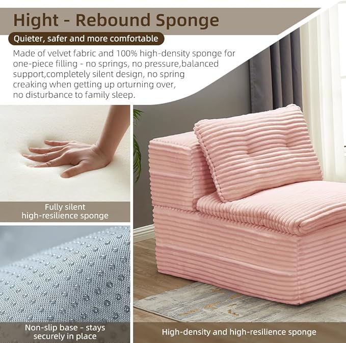 3-in-1 Convertible Folding Sofa Bed 80 Queen Size Sleeper Corduroy Curved Couch Fluffy Couch Multi Functional Sectional Sofa Bed with Chaise Lounge and Blanket (Baby Pink 2 Seat+1 Chaise)