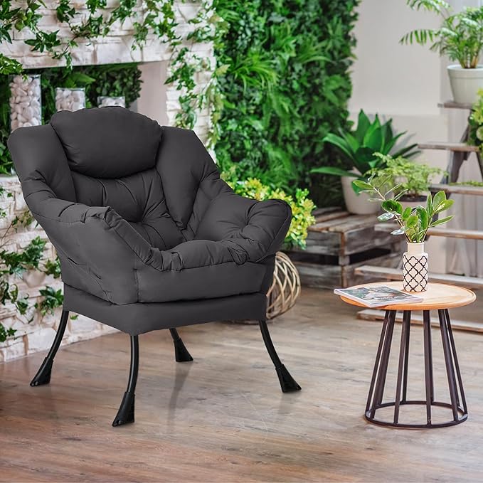DORTALA Modern Lazy Chair Single Sofa Chair w/Side Pocket and Armrests Soft Upholstered Modern Leisure Chairs Suitable for Living Room Bedroom Grey