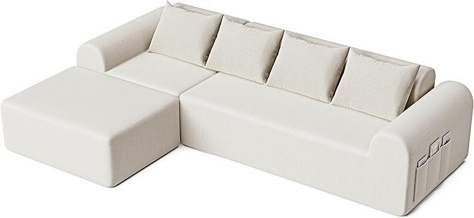 105.5” Cloud Boneless Sectional Sofa for Living Room L-Shaped 4-Seater Modular Couch with Ottoman &amp 4 Pillows Deep Seat Chenille Fabric Sofa No Assembly 72H Full Restore Beige