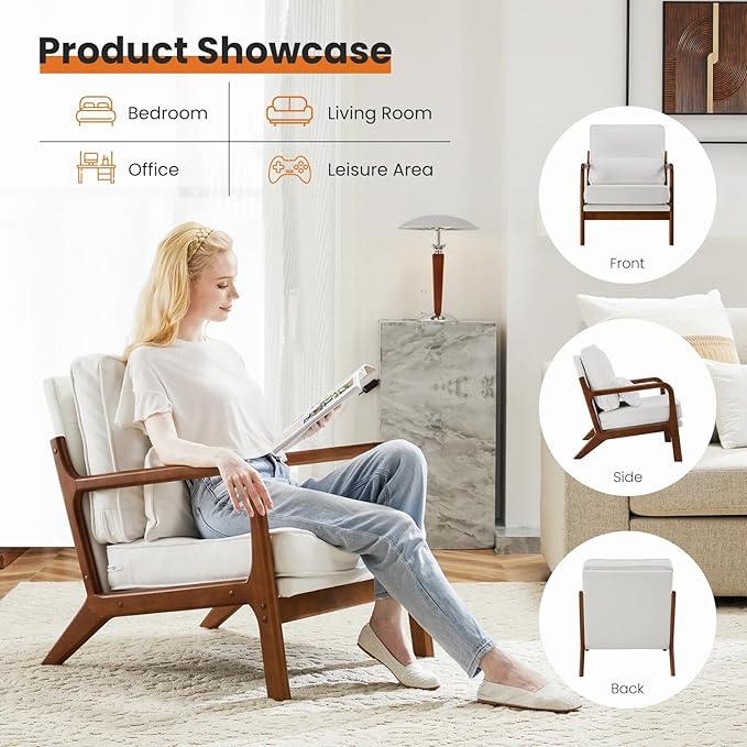 Modern Accent Mid Century Living Room Chairs with Lumbar Pillow Upholstered Comfy Rocking Chair with Wood Frame for Bedroom