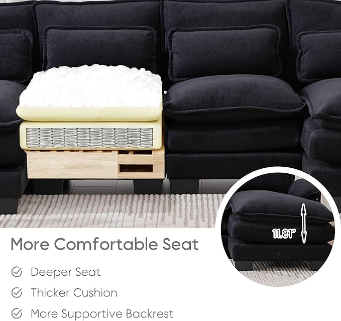 U Shape Sectional Sofa Cloud Couch Modern Chenille Comfy Modular Sofa 4 Seat Upholstery Sleeper Sofa with Double Chaise for Living Room Bedroom Black