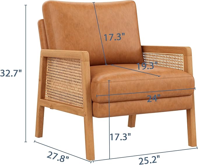 WENTMENT Faux Leather Accent Chair Armchair with Natural Rattan Armrest and Removable Backrest Upholstered Living Room Chair Comfy Single Sofa Chair for Reception Room/Hosting Room/Bedroom(Brown)