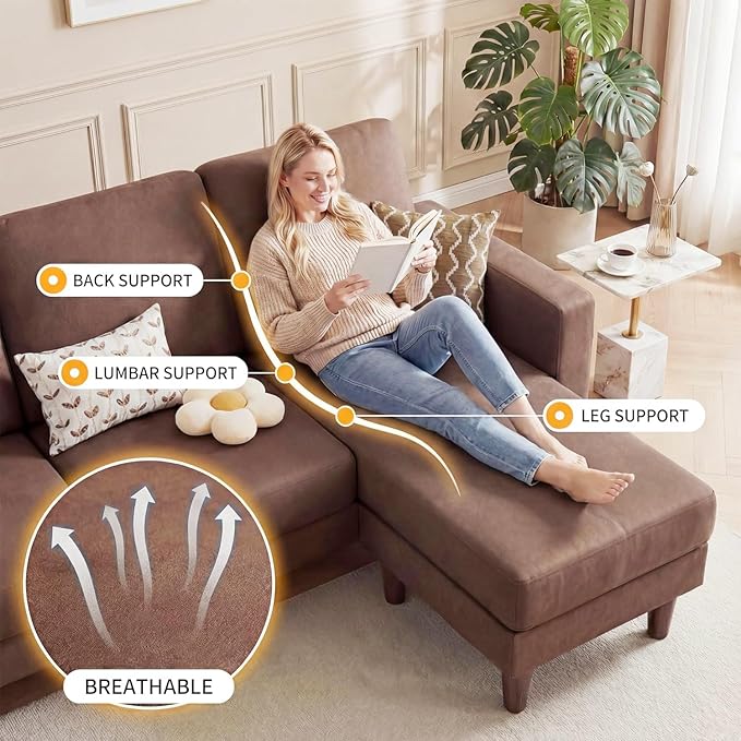 Homall 3 Seat Couch L Shape Sofa with Side Storage Pockage Sectional Couches with Reversible Ottoma Upholstered Sofa for Living Room and Small Spaces (Linen Fabric Coffee Brown)