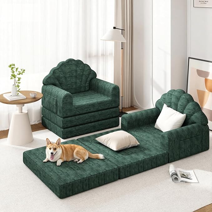 2-in-1 Folding Sofa Bed with Back Support 75 D x 34 W Convertible Futon Sleeper Chair for Adult Fold Out Bean Bag Floor Foam Lounger Couch for Living Room Bedroom Small Space Olive Green