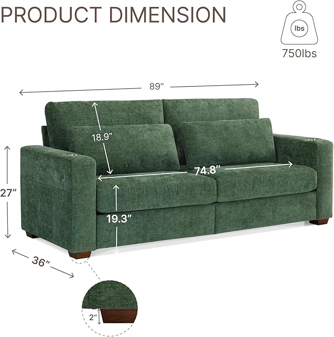 89 Sofa Couch for Living Room Chenille Upholstered Couch with Deep Seats and Wide Armrests 3 Seater Comfy Sofa with Cup Holders USB &amp Type-C Ports Spring Cushion Solid Wood Frame Green