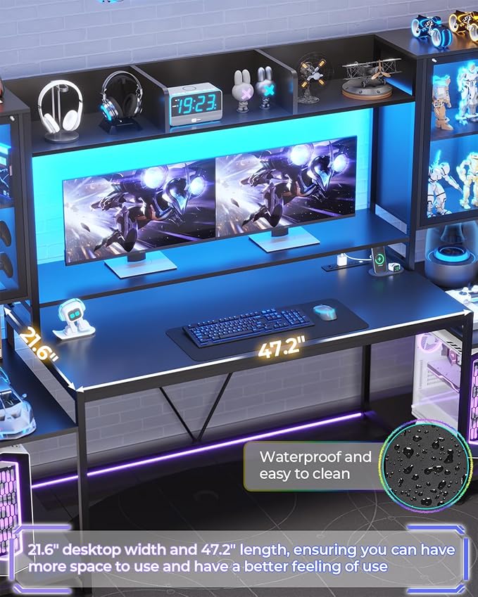 SEDETA Gaming Desk 74.8'' with LED Lights Hutch and Storage Shelves Computer Desk with Monitor Stand Large PC Gamer Desk Workstation Ergonomic Gaming Table for Bedroom Living Room Black