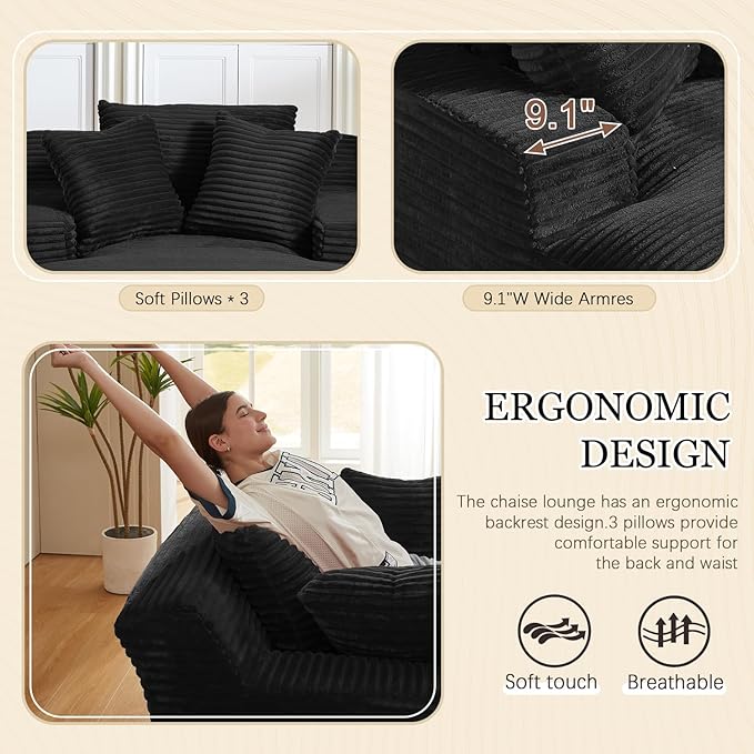67 Inch Oversized Chaise Lounge Chair IndoorBoneless Corduroy Sofa Bed with Spring CushionDeep Seat Cloud Couch and Reading LoungerSoft Sleeper Sofa for Living RoomNo Assembly Required (Black)